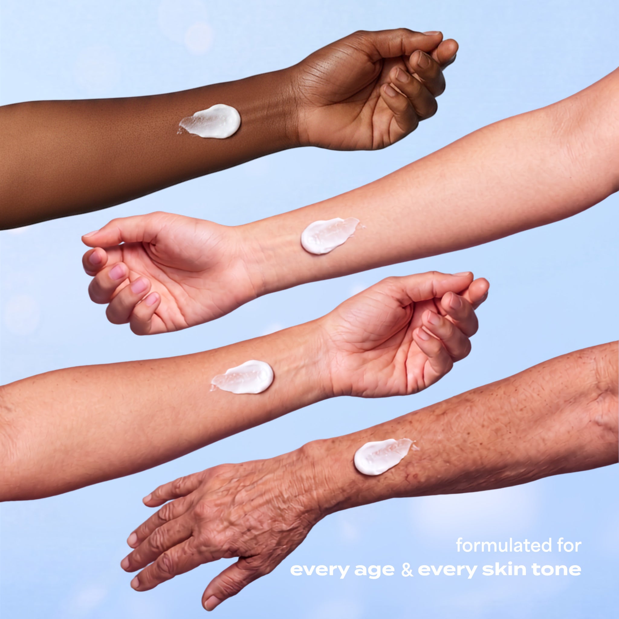 Four forearms of different ages and skin tones, each with a swatch of B-Restore Barrier Cream: formulated for every age and every skin tone.