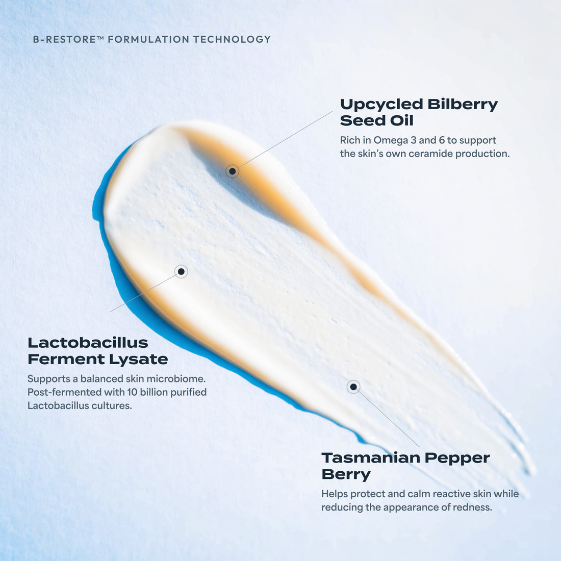 B-Restore formulation technology: a cream swatch labelled with upcycled bilberry seed oil, Lactobacillus ferment lysate and Tasmanian pepper berry.