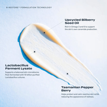 B-Restore formulation technology: a cream swatch labelled with upcycled bilberry seed oil, Lactobacillus ferment lysate and Tasmanian pepper berry.